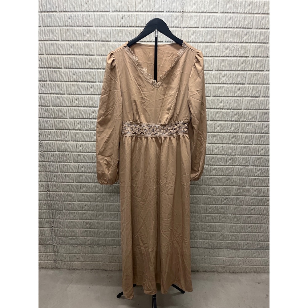 Cupshe Tan V-Neck Lace Trim Puff Long Sleeve Maxi Dress CAA05A3K087KM Medium NEW
